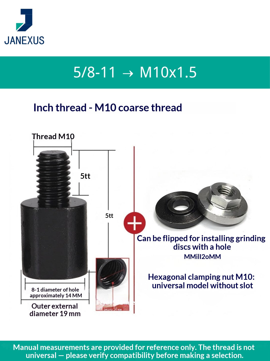 Angle Grinder Adapter 5/8" to M10 with Hex Nut — Black Oxide Steel (3-Pack)