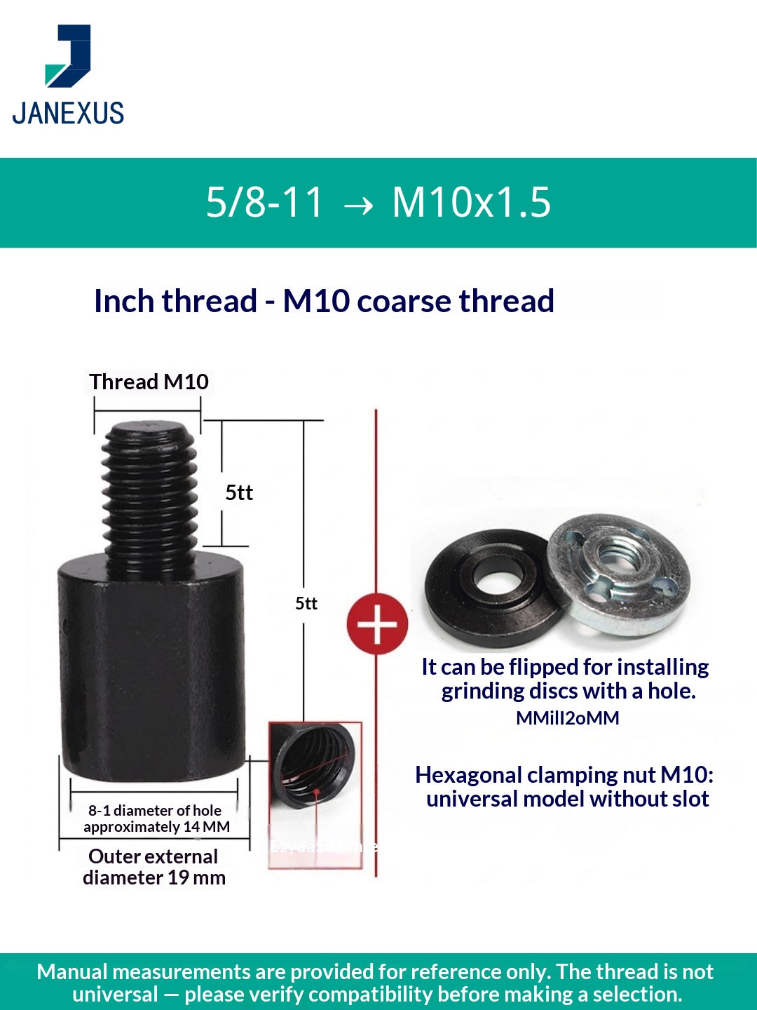 Angle Grinder Adapter 5/8" to M10 with Flat Nut — Black Oxide Steel (3-Pack)