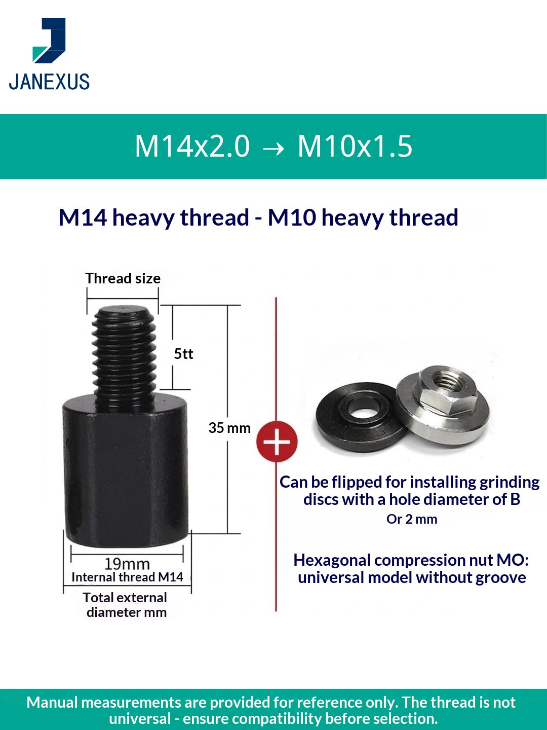 Angle Grinder Adapter M14 to M10 with Hex Nut — Black Oxide Steel (3-Pack)